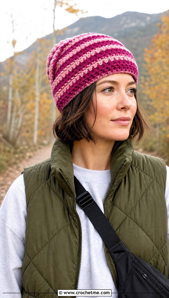 Striped Mountain Ridge Crochet Beanie With Quilted Vest - 15 Mountain Ridge Crochet Beanie outfit ideas