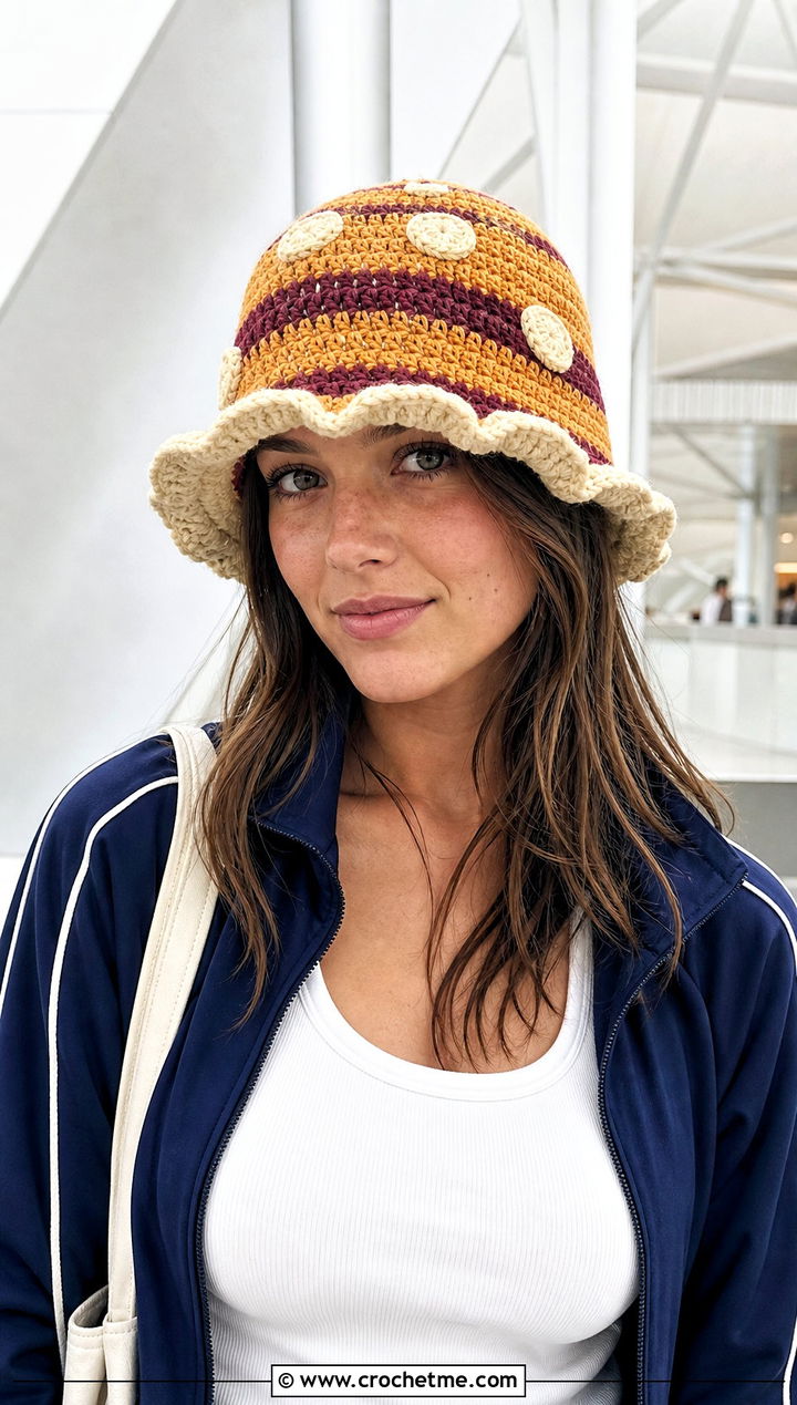 Striped Mushroom Crochet Cap With Athleisure Set - 20 Mushroom Crochet Cap outfit ideas