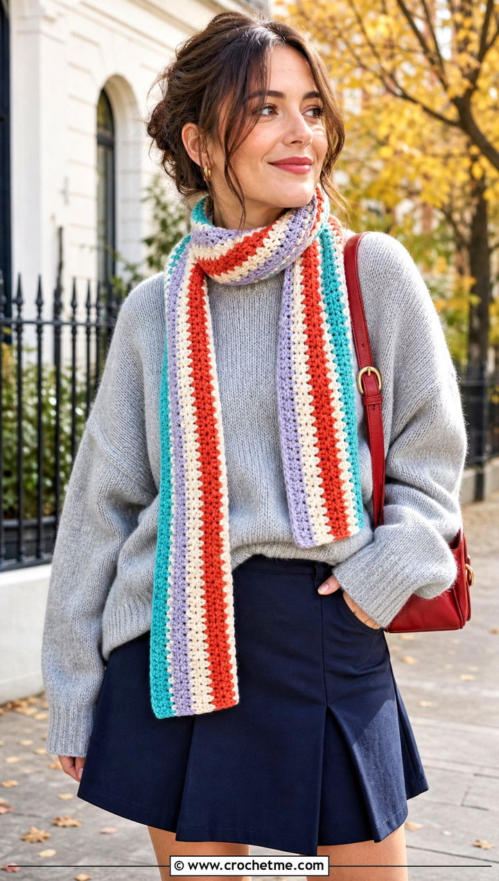 Striped Narrow Crochet Scarf With Sweater And Mini Skirt - 25 Narrow Crochet Scarf outfit ideas