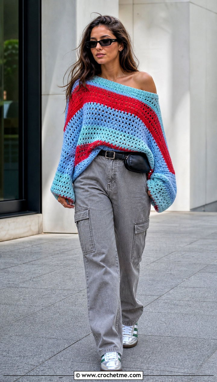 Striped Off The Shoulder Crochet Sweater With Cargo Pants - 30 off the shoulder crochet sweater outfit ideas