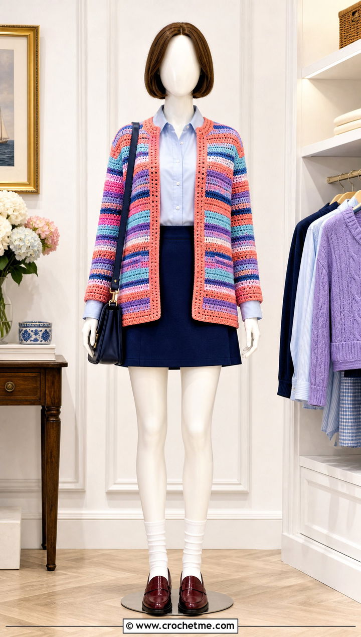 Striped Open Front Crochet Cardigan With Mini Skirt - 15 Crochet Cardigan On Mannequin outfit ideas
