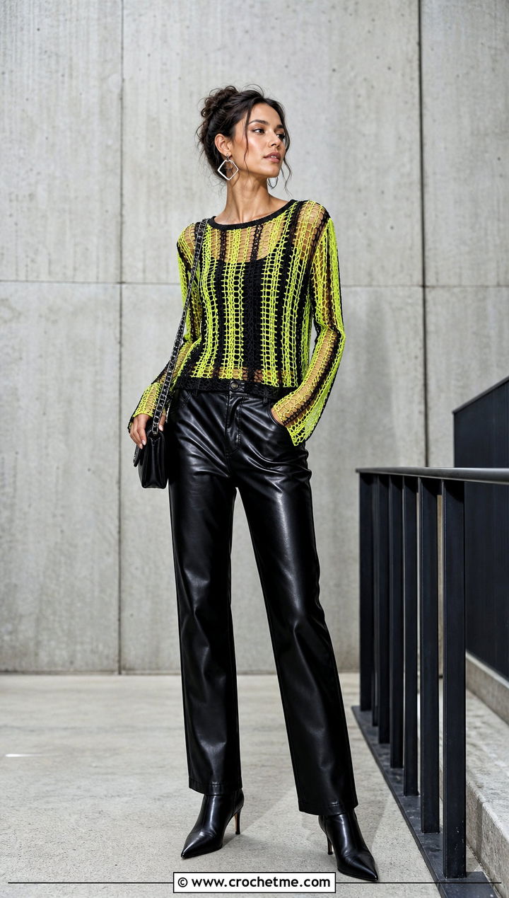 Striped Open Stitch Mesh Top With Leather Pants - 15 Crochet Long Sleeve Mesh Top outfit ideas