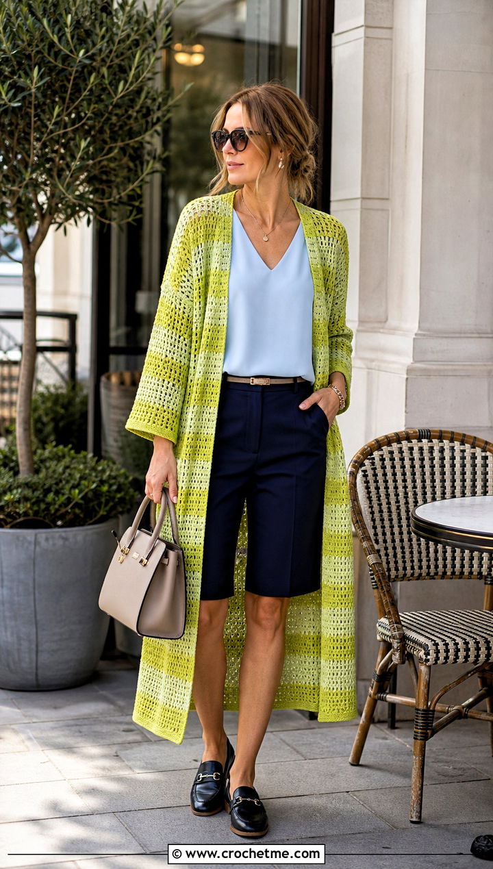 Striped Openwork Crochet Duster With Bermuda Shorts - 25 crochet duster outfit ideas