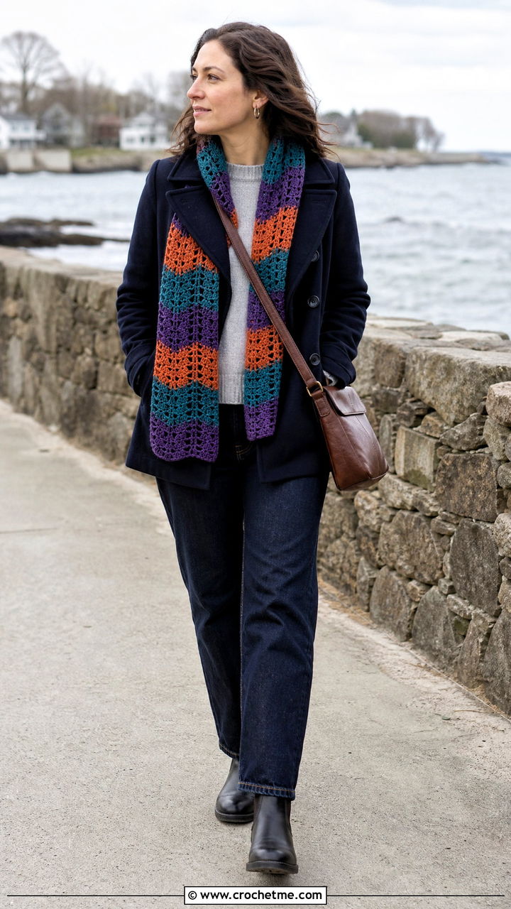 Striped Openwork Crochet Lace Scarf With Peacoat And Jeans - 35 crochet lace scarf outfit ideas