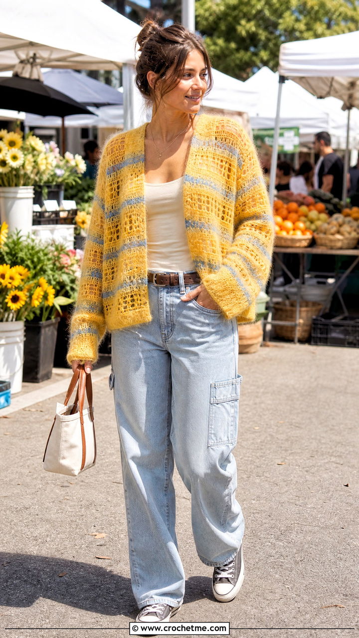 Striped Openwork Crochet Mohair Top With Carpenter Jeans - 35 crochet mohair top outfit ideas