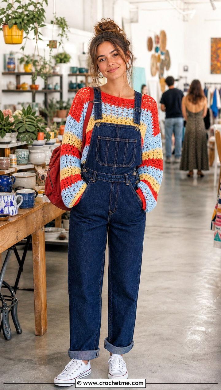 Striped Openwork Crochet Raglan Sweater With Denim Overalls - 35 crochet raglan sweater outfit ideas