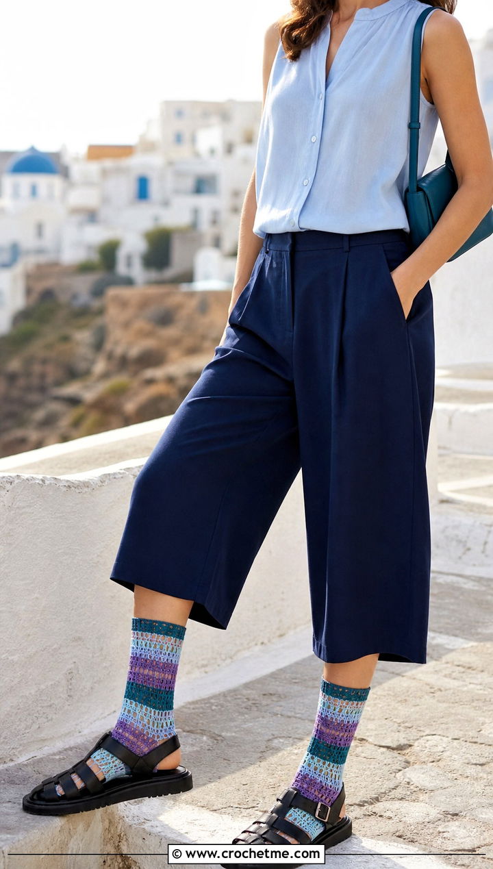 Striped Openwork Crochet Socks With Sandals And Culottes - 25 Crochet Lace Socks outfit ideas