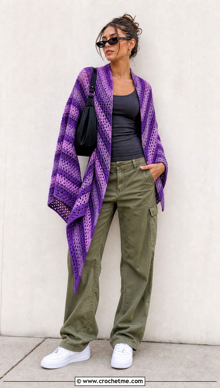 Striped Openwork Crochet Wrap With Cargo Pants - 30 crochet summer wrap outfit ideas
