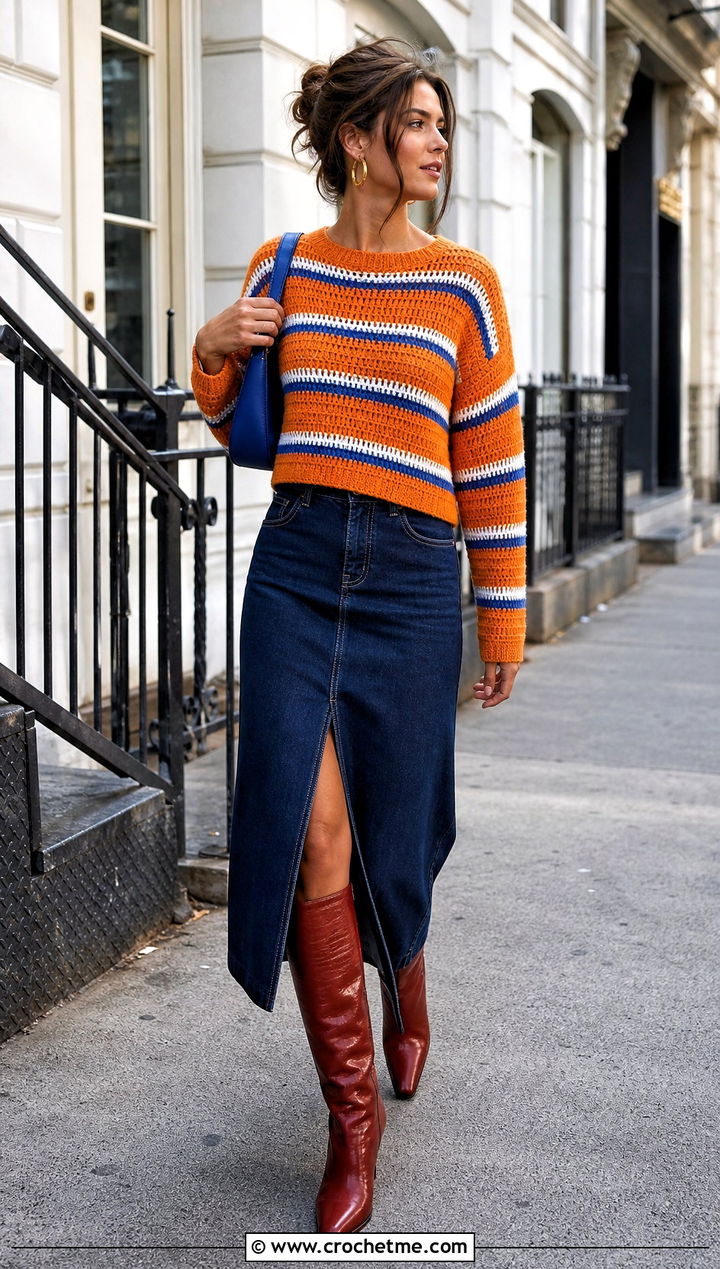 Striped Orange Crochet Sweater With Denim Maxi Skirt - 15 orange crochet sweater design outfit ideas