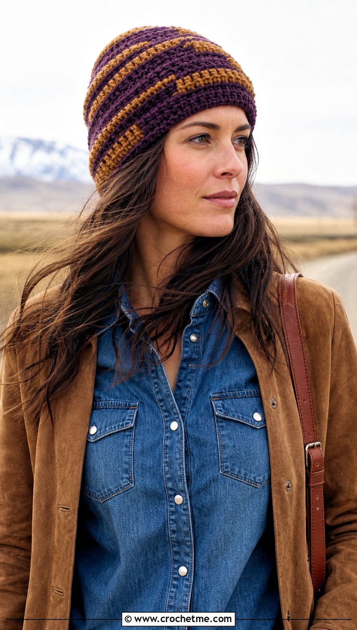 Striped Overlay Mosaic Crochet Beanie With Western Outfit - 25 Mosaic Crochet Beanie outfit ideas
