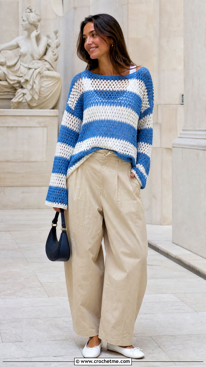 Striped Oversized Crochet Sweater With Barrel Leg Pants - 35 oversized crochet sweater outfit ideas