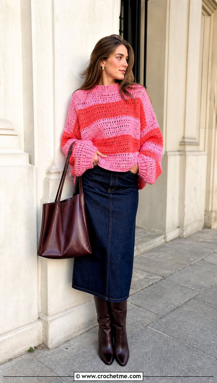 Striped Oversized Crochet Sweater With Denim Midi Skirt - 15 Oversized Crochet Sweaters outfit ideas