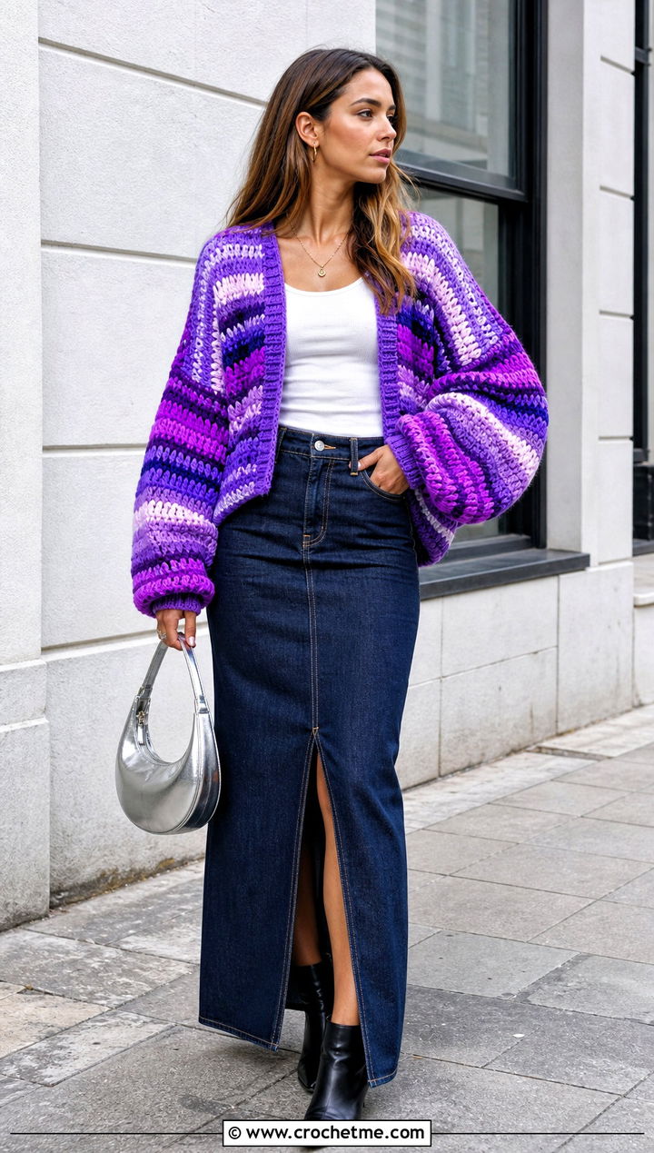 Striped Oversized Puffy Sleeve Cardigan With Denim Maxi Skirt - 25 Crochet Puffy Sleeves Cardigan outfit ideas