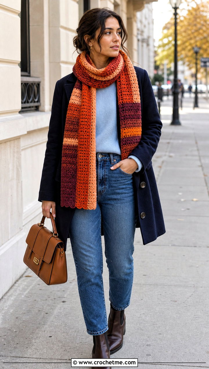 Striped Patchwork Crochet Scarf With Peacoat and Straight Jeans - 15 Patchwork Crochet Scarf outfit ideas