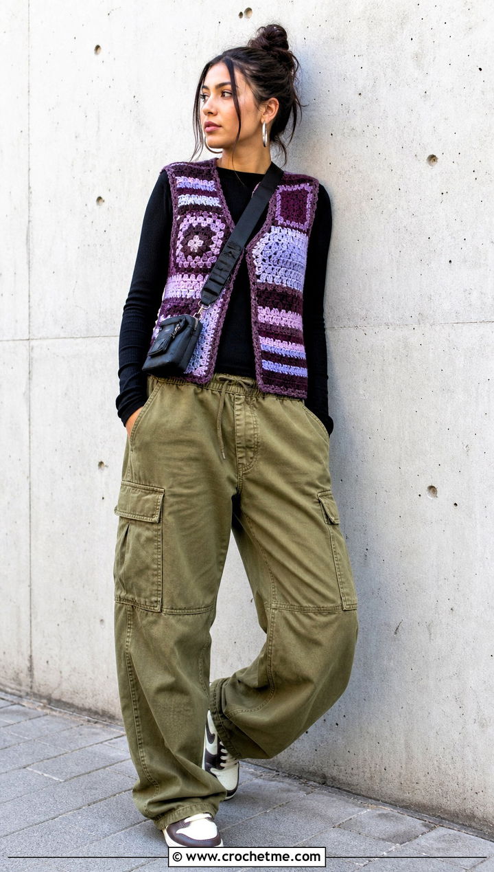 Striped Patchwork Crochet Waistcoat With Cargo Pants - 20 ladies crochet waistcoat outfit ideas