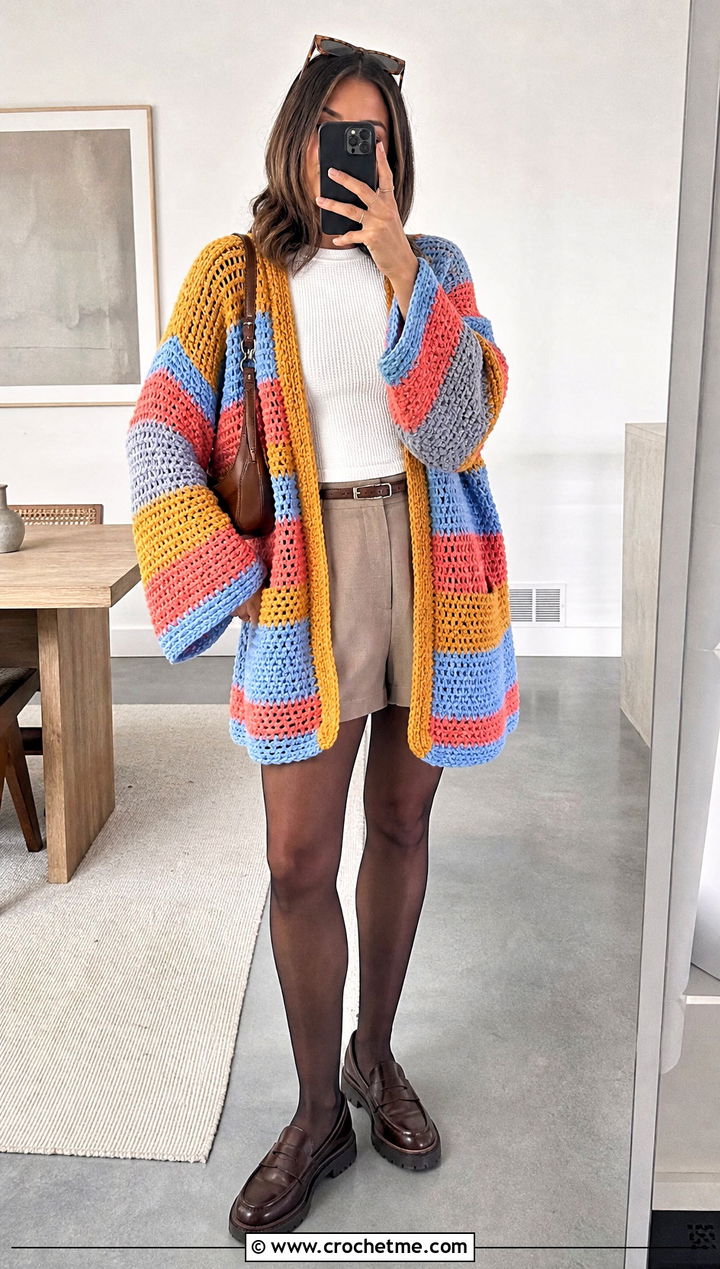 Striped Patchwork Oversized Crochet Cardigan With Tailored Shorts - 15 oversized patchwork crochet cardigan outfit ideas