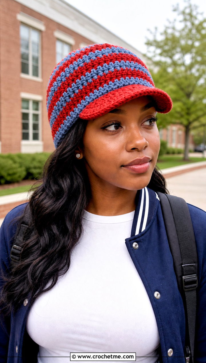 Striped Peak Brimmed Crochet Beanie With Varsity Jacket - 15 Brimmed Crochet Beanie outfit ideas