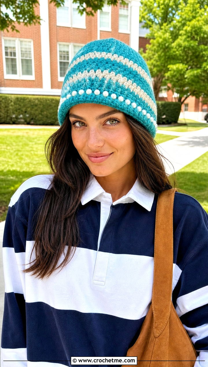 Striped Pearl Crochet Beanie With Rugby Shirt - 15 Pearl Crochet Beanie outfit ideas