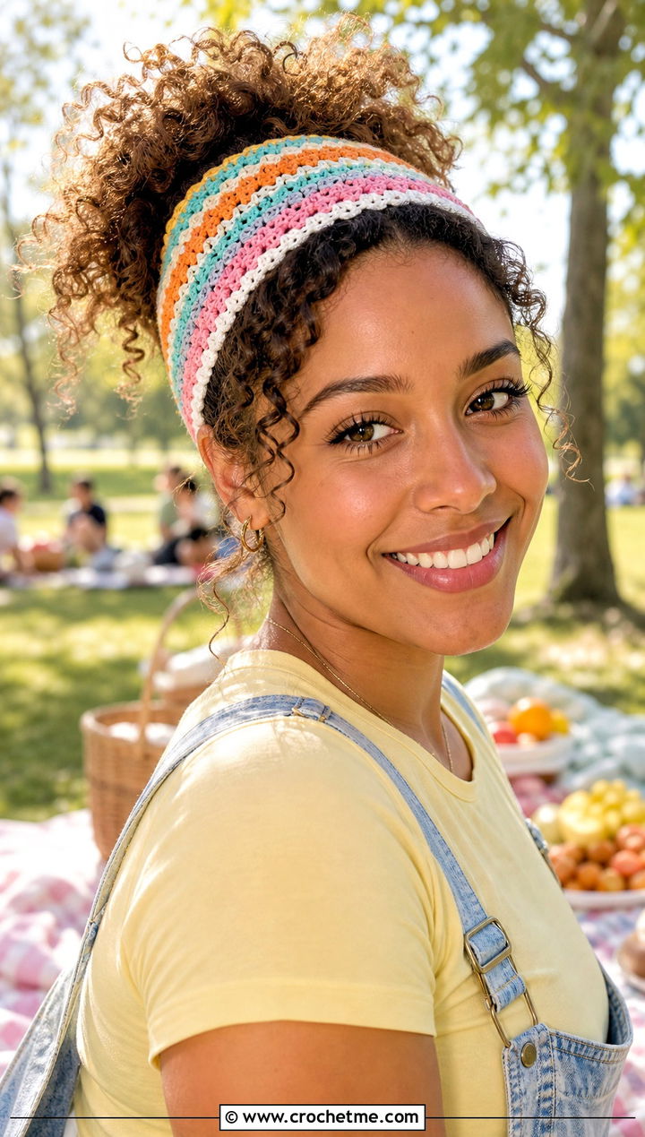 Striped Picnic Crochet Ponytail Headband With Overalls - 20 Crochet Ponytail Headband outfit ideas