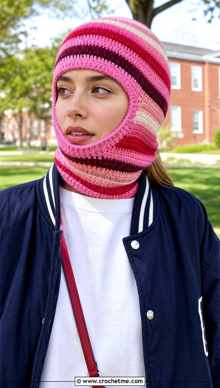 Striped Pink Crochet Balaclava With Varsity Jacket - 25 Pink Crochet Balaclava outfit ideas