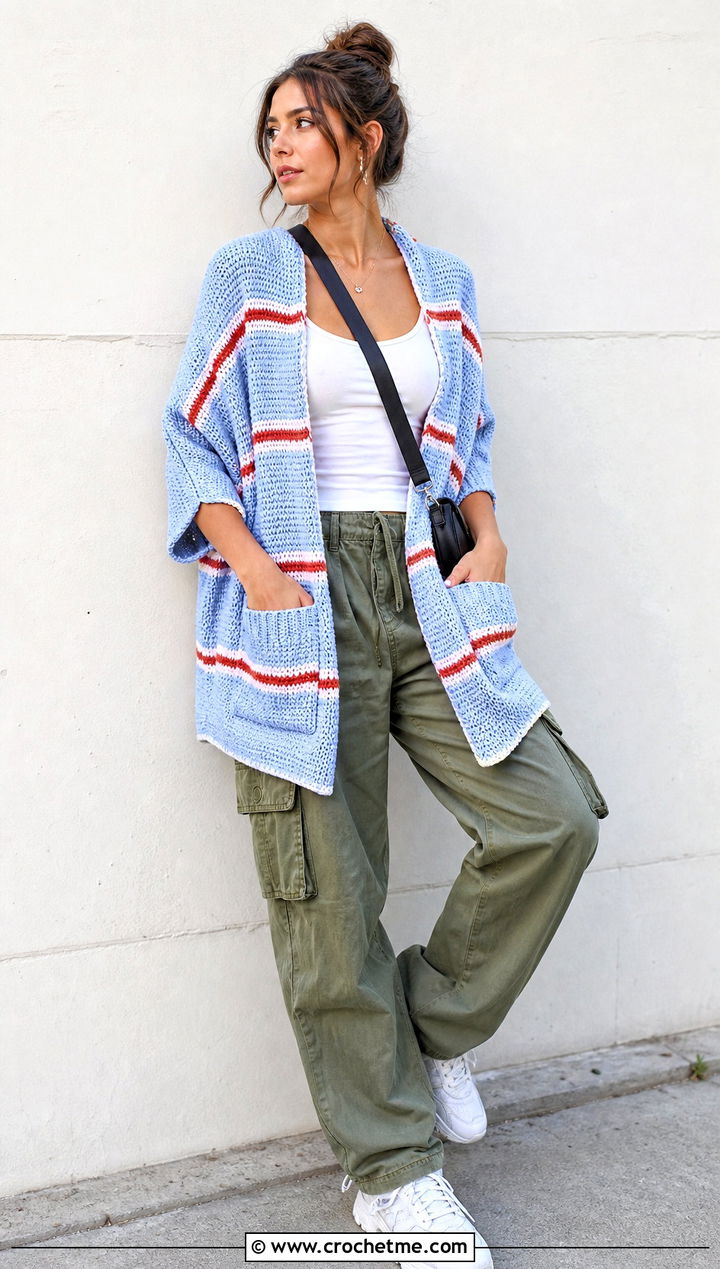 Striped Pocket Crochet Shawl With Cargo Pants - 15 Pocket Crochet Shawl outfit ideas