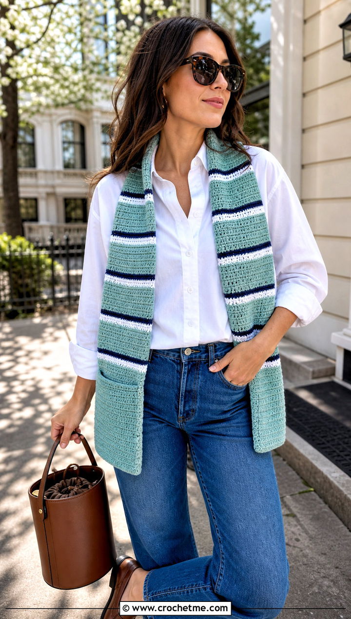 Striped Pocket Scarf With White Shirt And Jeans - 25 crochet pocket scarves outfit ideas