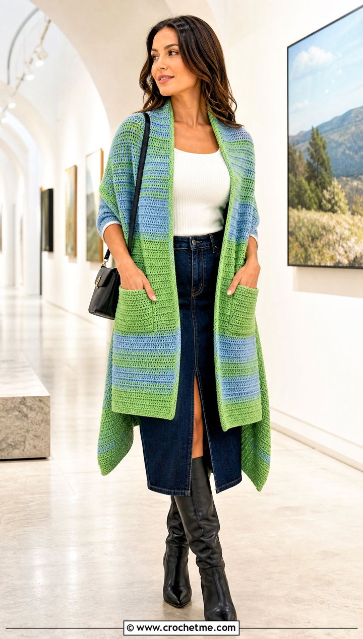 Striped Pocket Shawl With A Denim Midi Skirt - 15 Tunisian Crochet Pocket Shawl outfit ideas