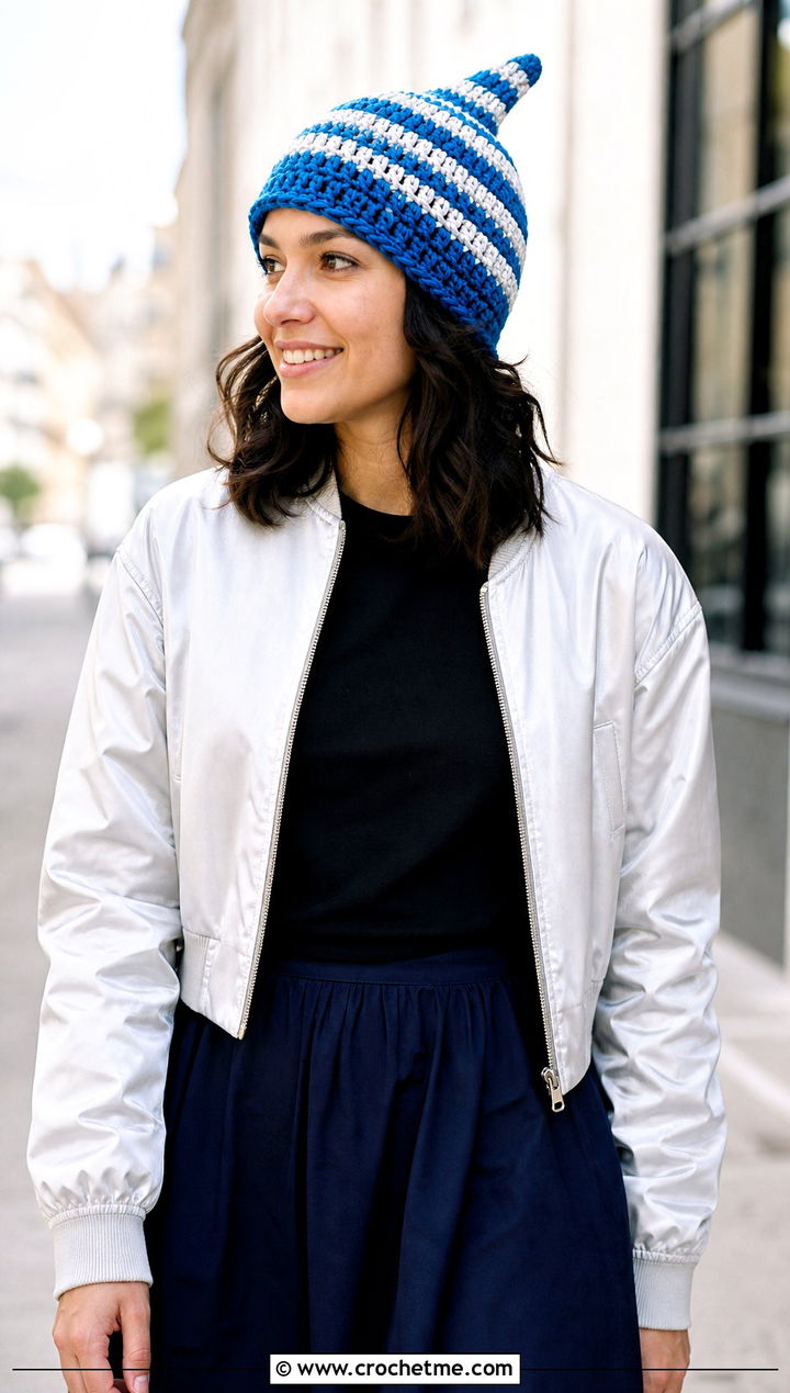 Striped Pointed Crochet Hat With Bomber Jacket and Midi Skirt - 20 Pointed Crochet Hat outfit ideas