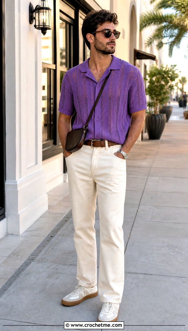 Striped Pointelle Crochet Shirt With Ecru Jeans - 35 men's crochet shirt outfit ideas