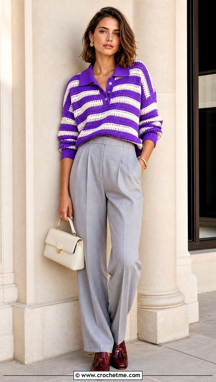 Striped Polo Crochet Jumper With Pleated Trousers - 15 Ladies Crochet Jumper outfit ideas