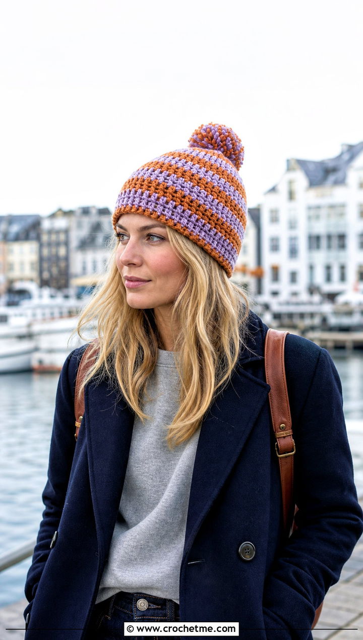 Striped Pom Pom Crochet Beanie With Peacoat And Wide Leg Jeans - 30 crochet hat with pom pom outfit ideas