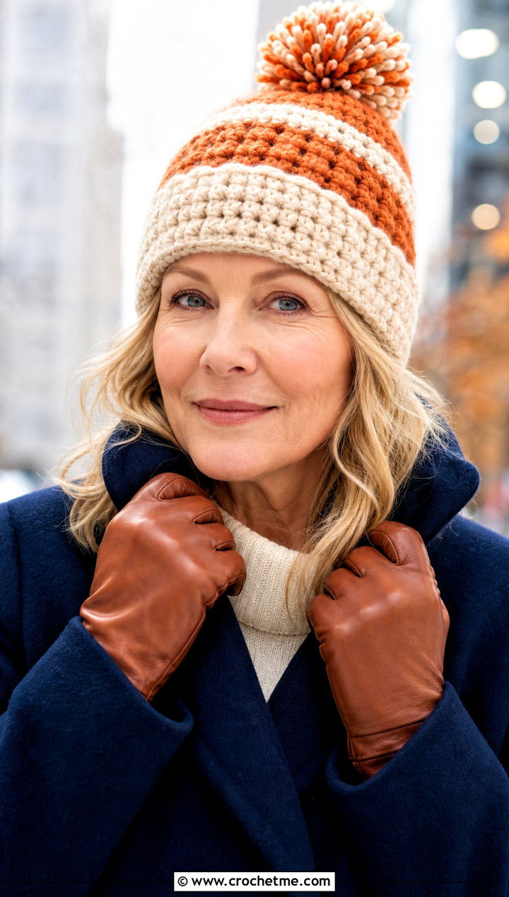 Striped Pom Pom Crochet Beanie With Wool Coat - 15 crochet hats stripes outfit ideas