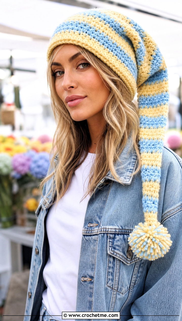 Striped Pom Pom Crochet Long Stocking Cap With Denim Jacket - 20 Crochet Long Stocking Cap outfit ideas