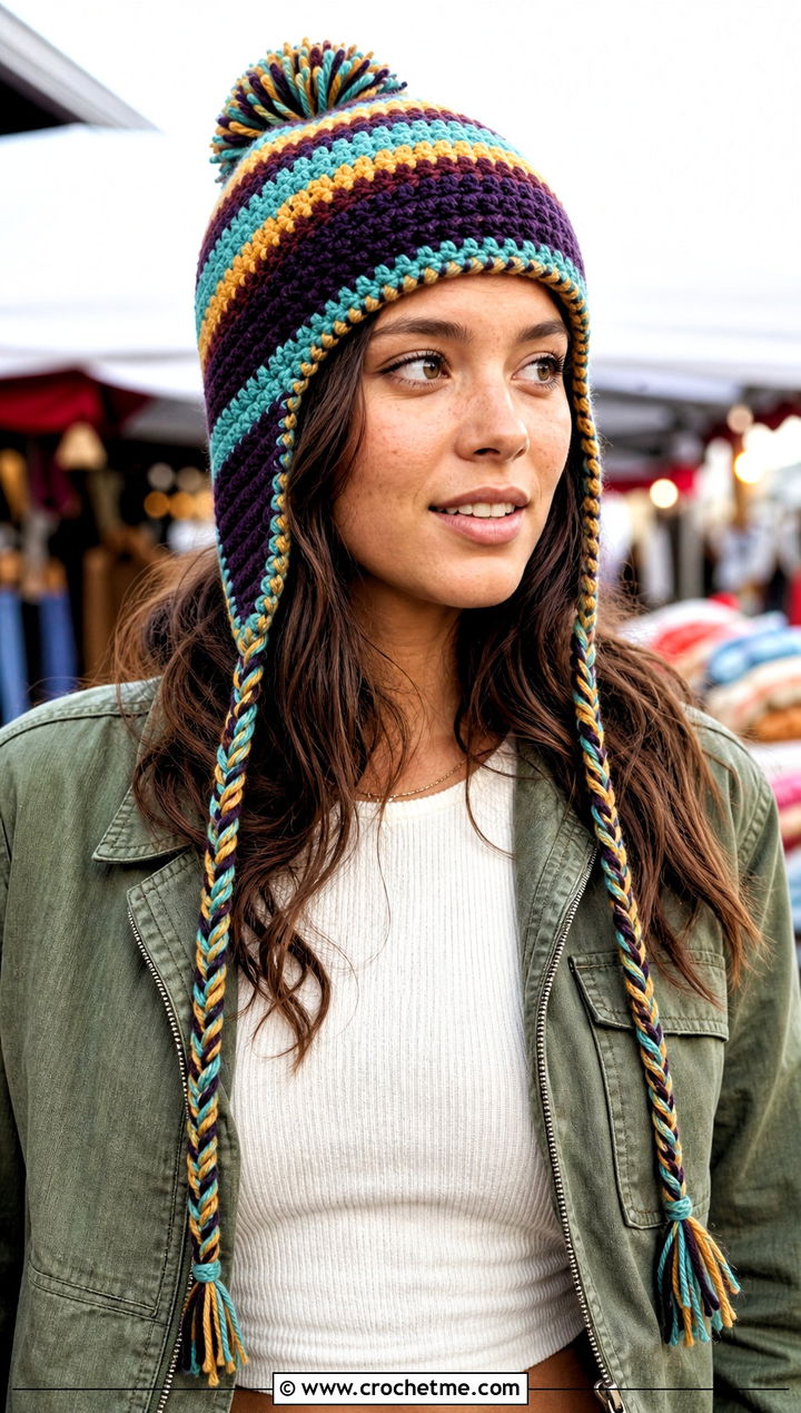 Striped Pom Pom Ear Flap Beanie With Denim Maxi Skirt - 30 crochet ear flap beanie outfit ideas