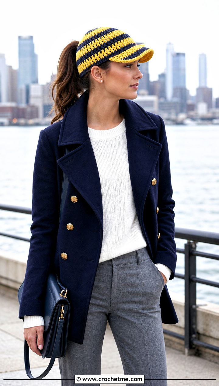 Striped Ponytail Hat With Peacoat - 30 ponytail crochet hat outfit ideas