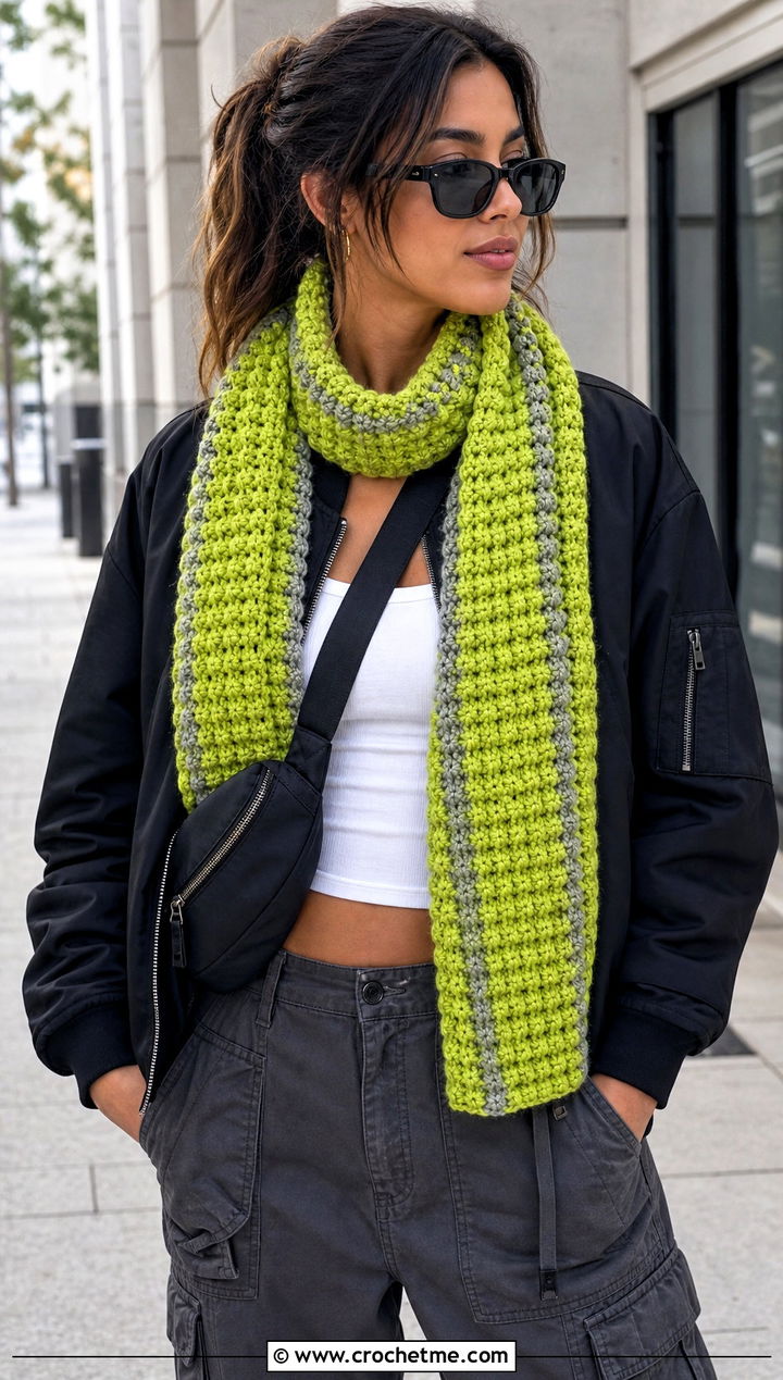 Striped Popcorn Crochet Scarf With Cargo Pants - 25 Popcorn Crochet Scarf outfit ideas