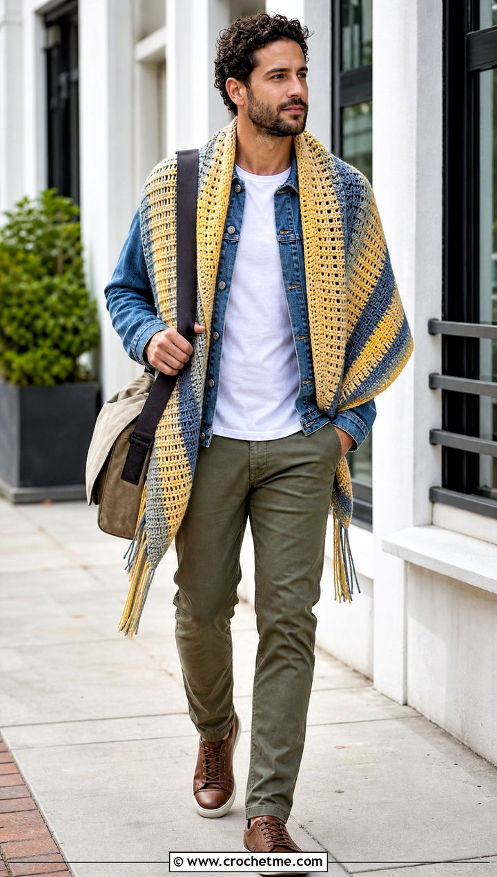 Striped Prayer Shawl With Denim Jacket And Chinos - 20 Mens Crochet Prayer Shawl outfit ideas