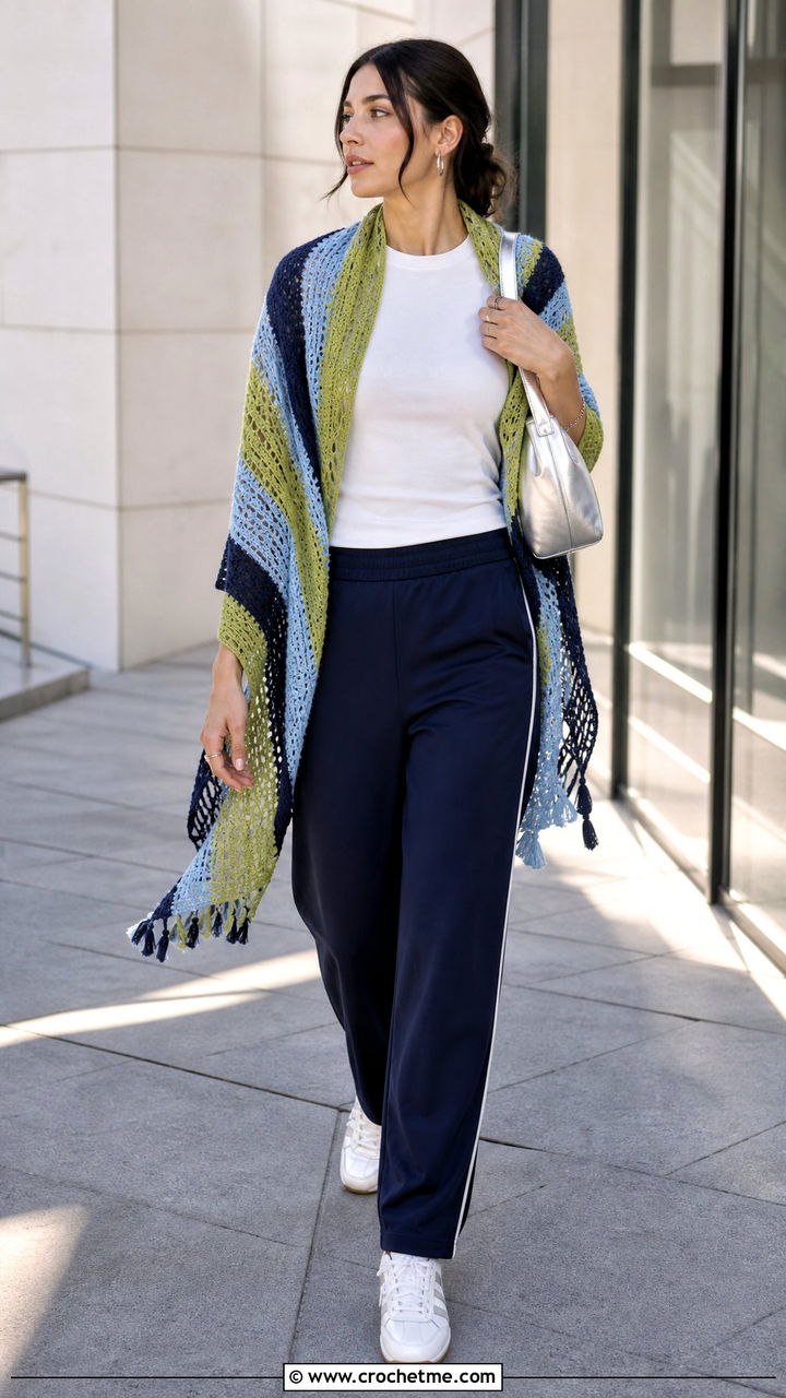 Striped Prayer Shawl With Track Pants - 35 crochet prayer shawl outfit ideas