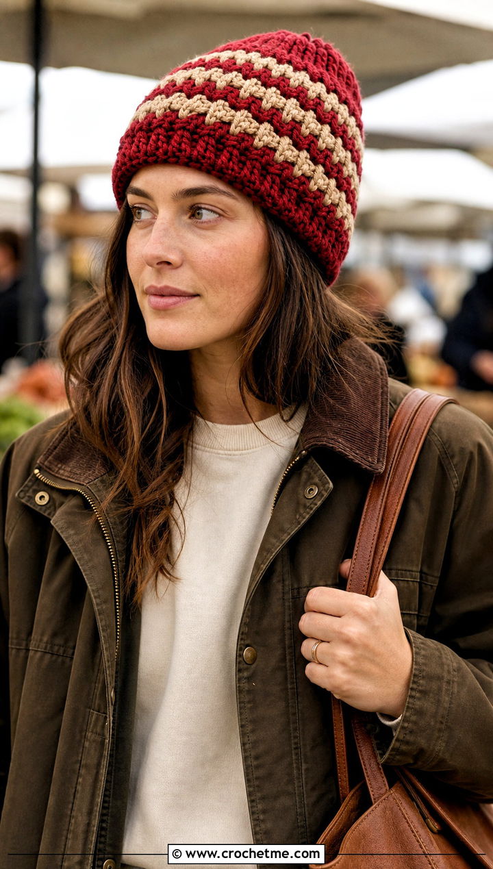 Striped Puff Stitch Beanie With Barn Jacket And Corduroy Pants - 25 crochet puff stitch beanie outfit ideas