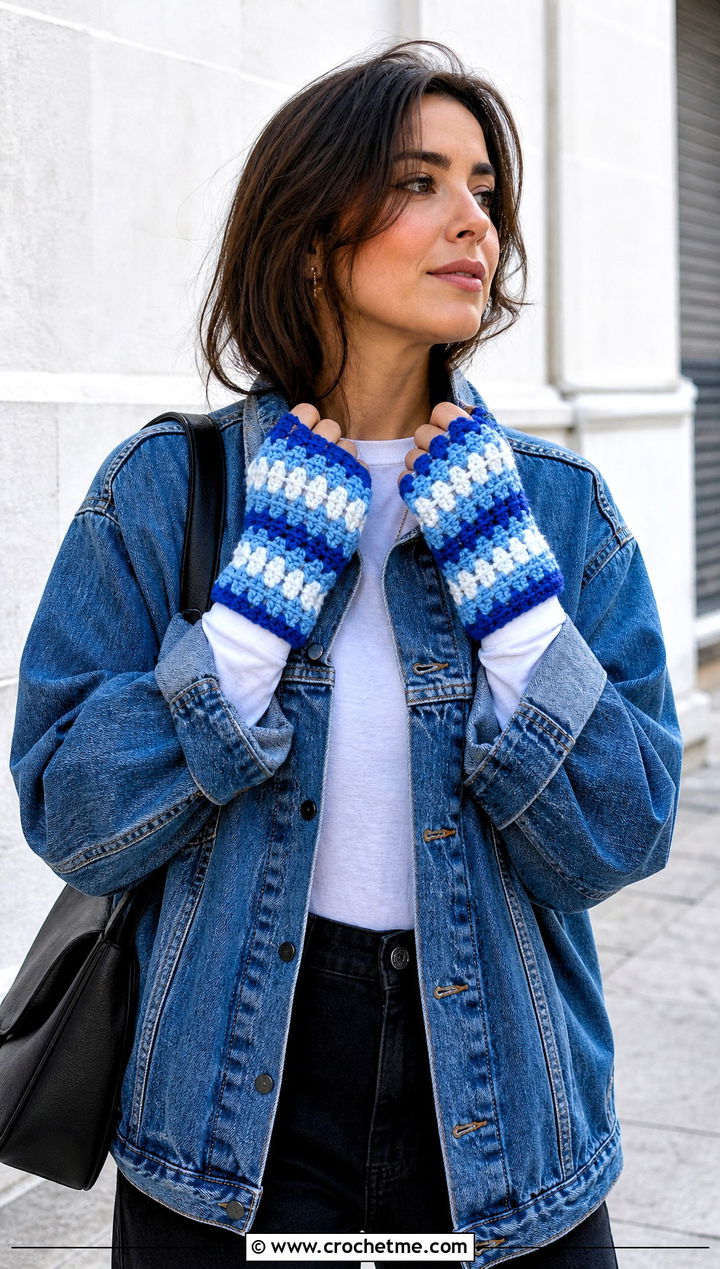 Striped Puff Stitch Fingerless Gloves With Denim Jacket - 15 Crochet Puff Stitch Fingerless Gloves outfit ideas