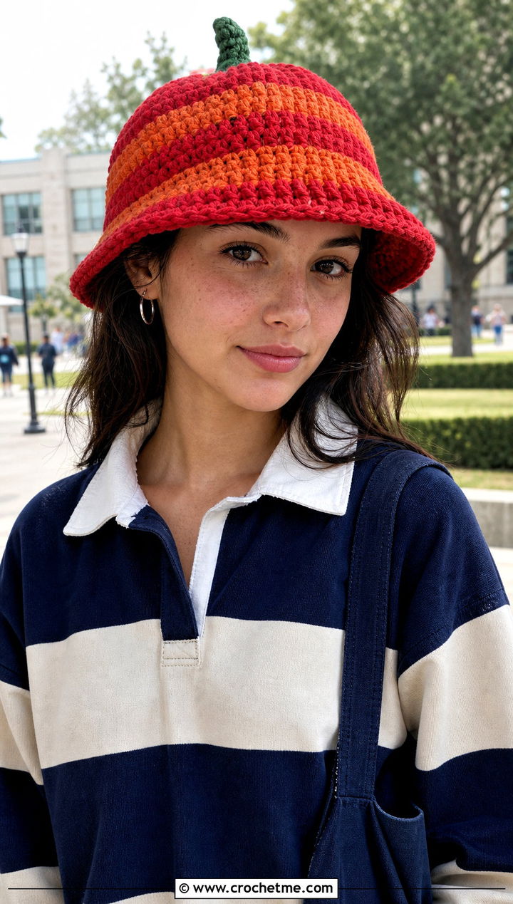 Striped Pumpkin Bucket Hat With Rugby Shirt - 30 crochet pumpkin bucket hat outfit ideas