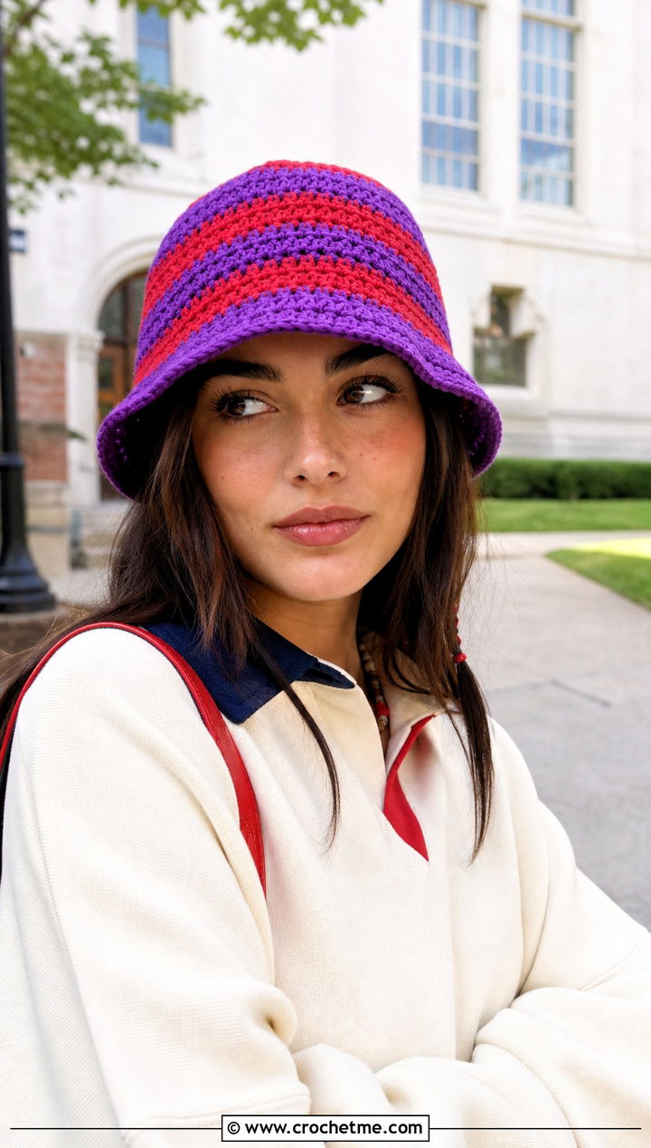 Striped Purple Crochet Bucket Hat With Rugby Shirt And Shorts - 30 purple crochet bucket hat outfit ideas
