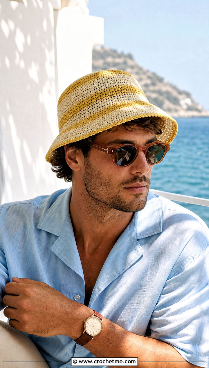 Striped Raffia Crochet Bucket Hat With Camp Shirt And Linen Shorts - 15 men's crochet bucket hat outfit ideas