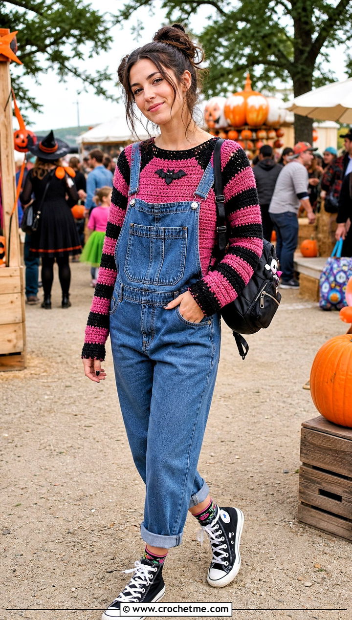 Striped Raglan Crochet Halloween Sweater With Denim Overalls - 35 Crochet Halloween Sweater outfit ideas