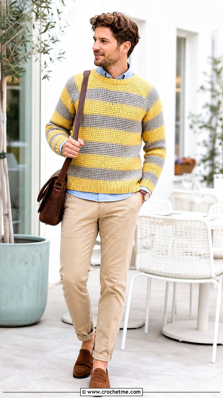 Striped Raglan Crochet Sweater With Chinos - 35 crochet mens sweater outfit ideas