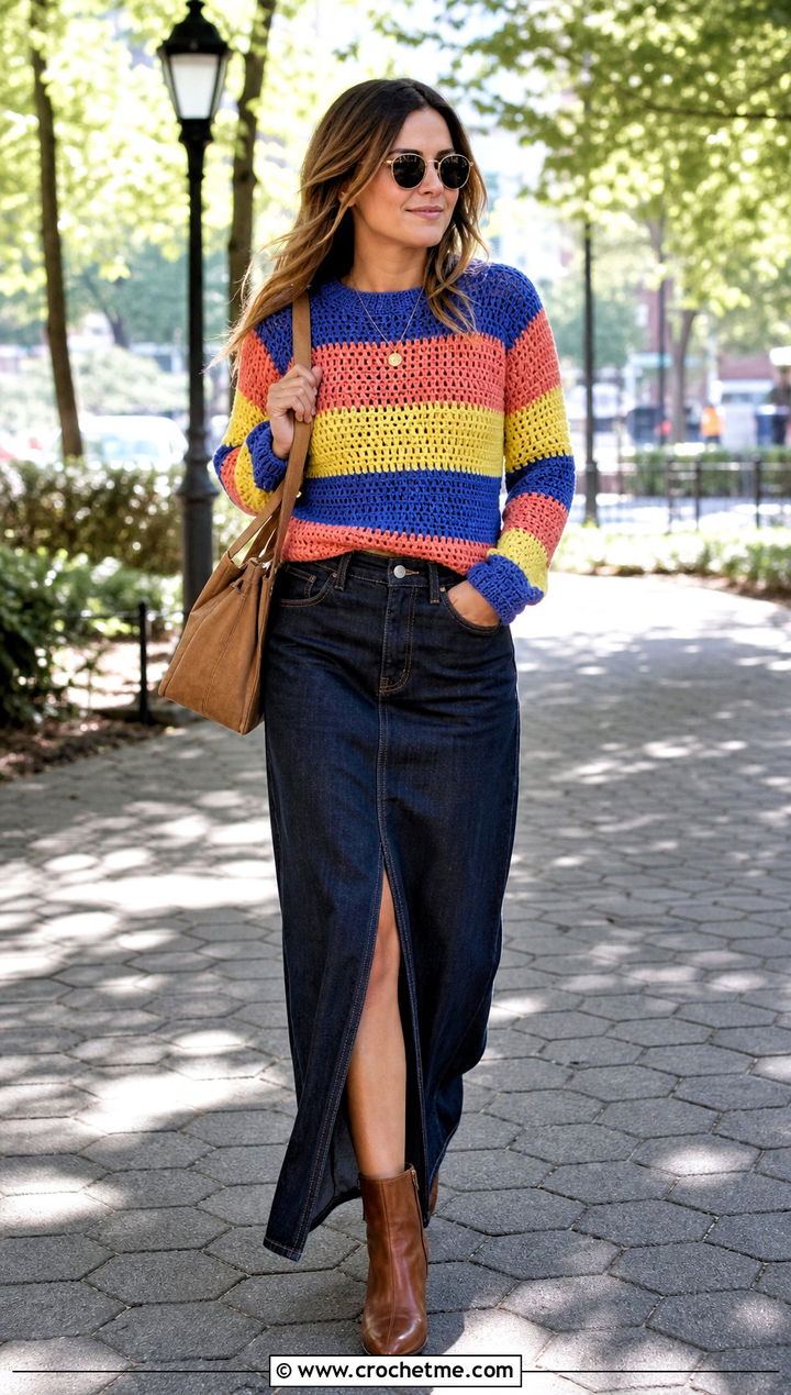 Striped Raglan Crochet Sweater With Denim Maxi Skirt - 15 Bohemian Style Crochet Sweater outfit ideas