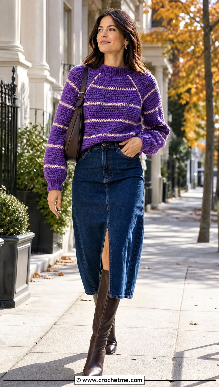 Striped Raglan Crochet Sweater With Denim Midi Skirt - 35 easy crochet sweaters outfit ideas