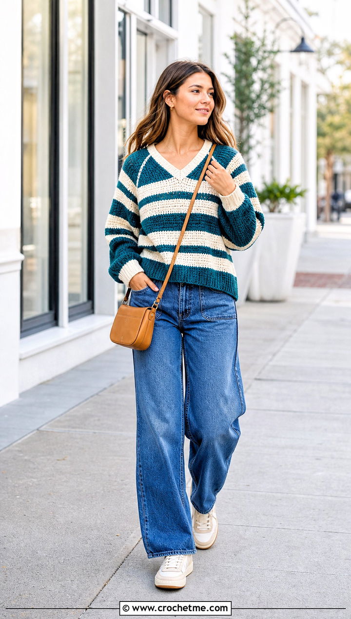 Striped Raglan V Stitch Crochet Sweater With Barrel Jeans - 25 V Stitch Crochet Sweater outfit ideas