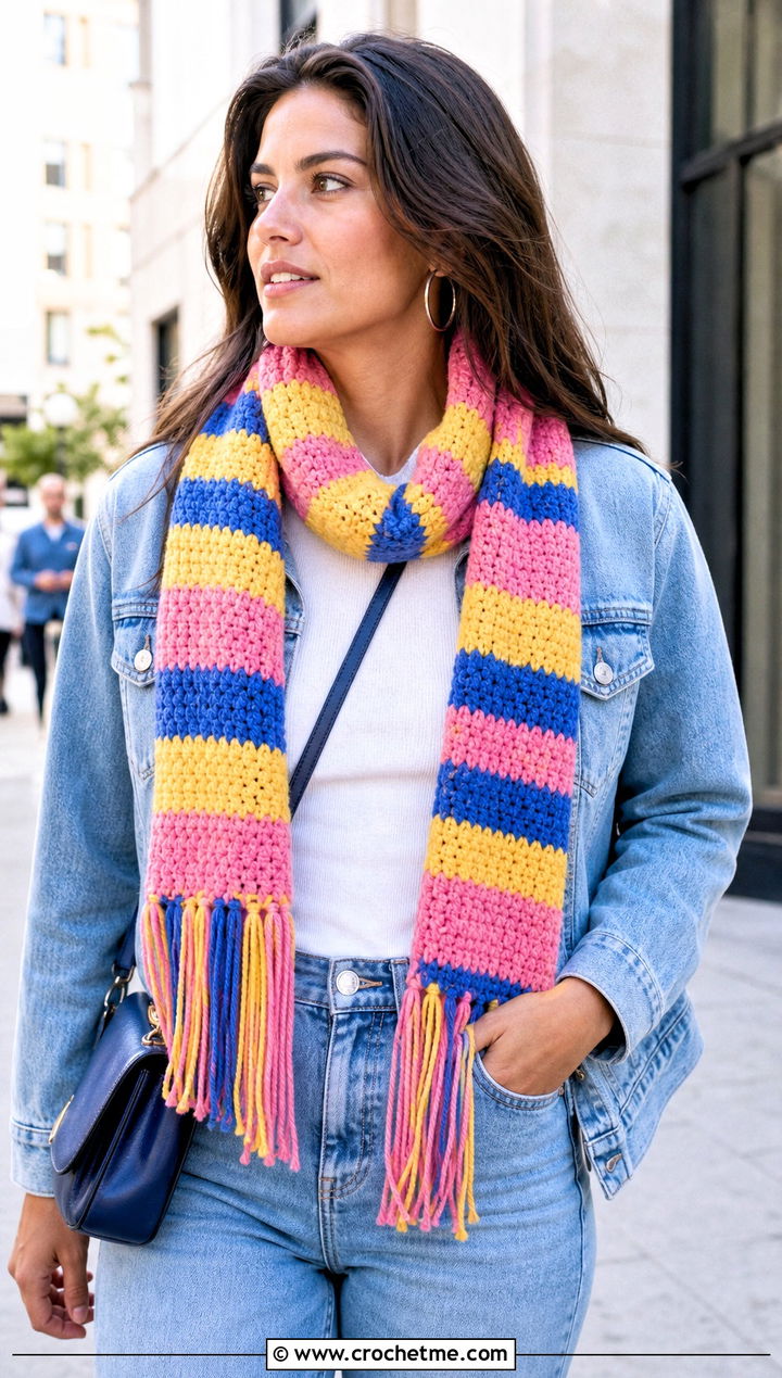 Striped Rectangle Crochet Mood Scarf With White Tee And Straight Leg Jeans - 15 Crochet Mood Scarf outfit ideas