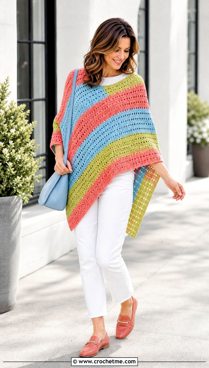 Striped Rectangle Crochet Poncho With White Jeans - 15 Easy Crochet Poncho From A Rectangle outfit ideas